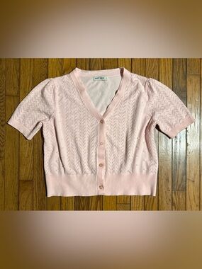Grace Karin Pink Pointelle Knit Short Sleeve Cardigan Sweater XL Cottagecore